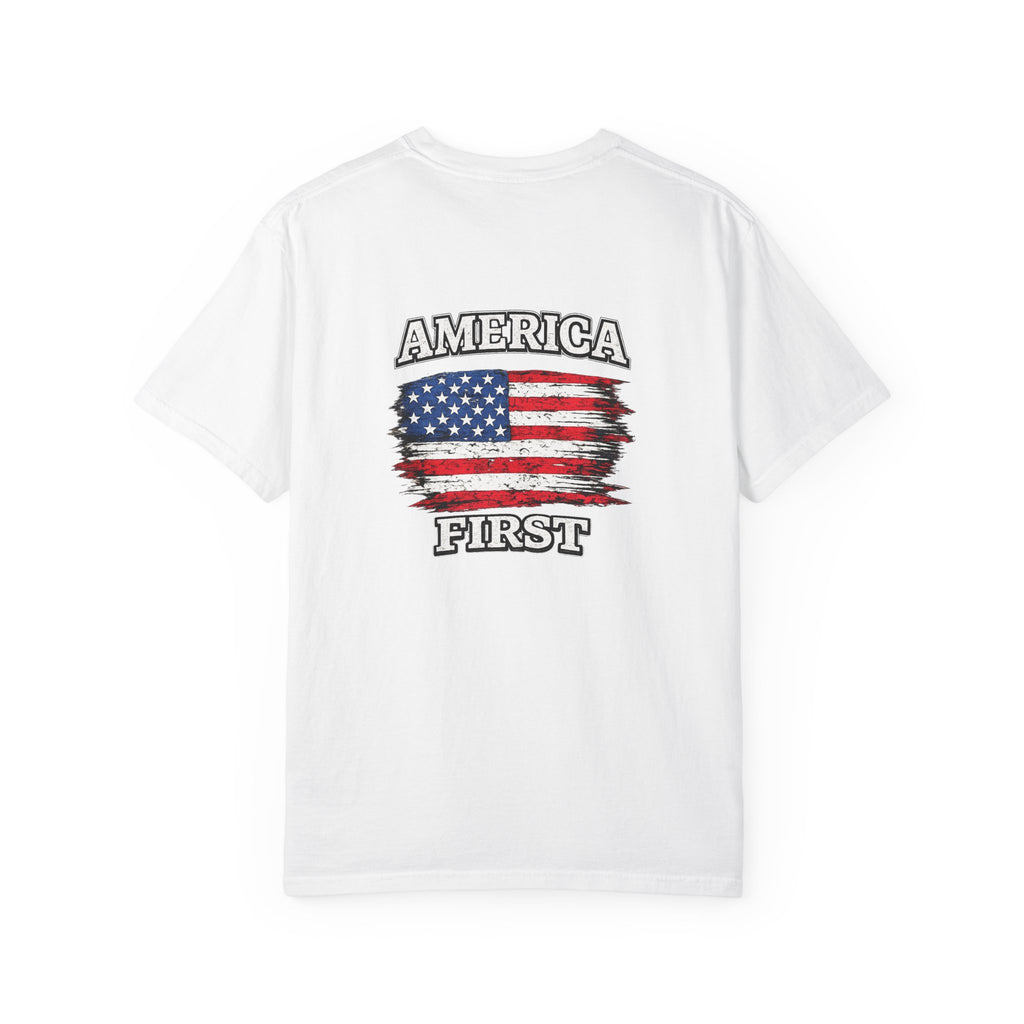 T-Shirt — 'America First' Distressed Flag Graphic