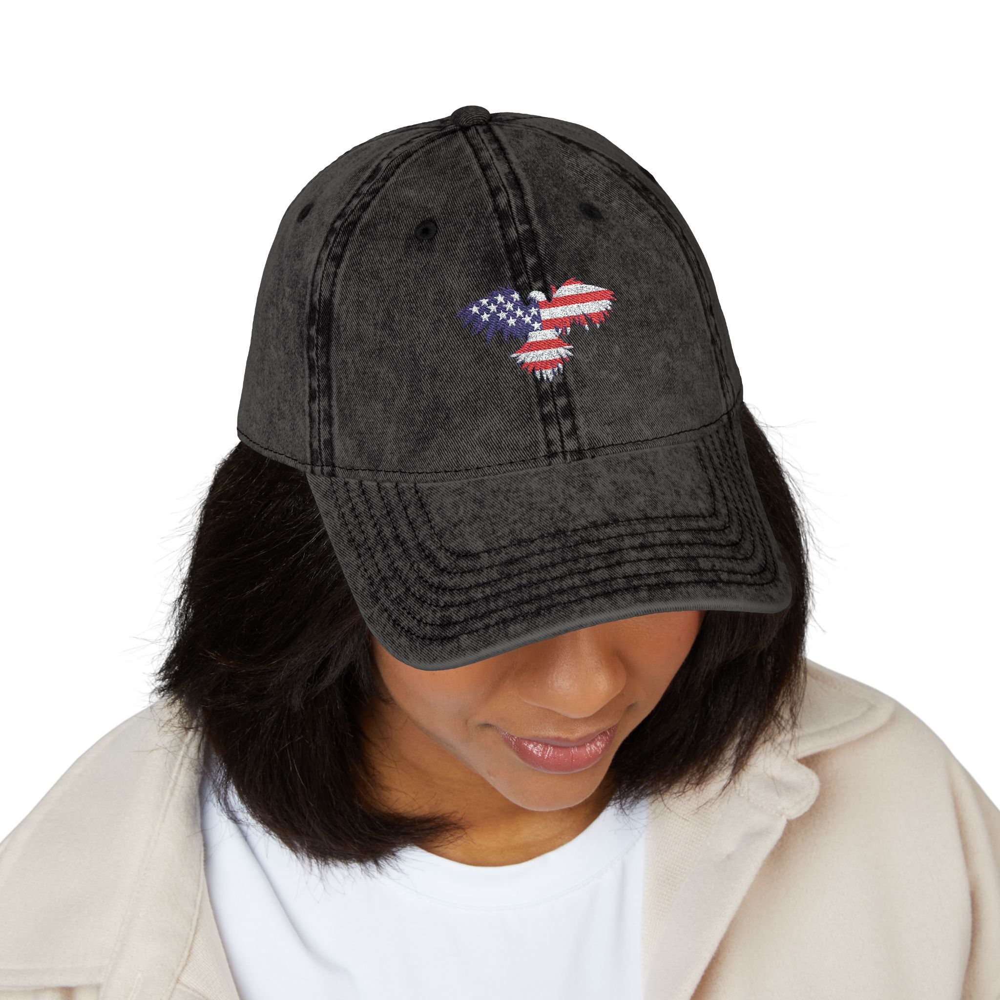 Vintage Washed Cap with American Flag Embroidered Heart