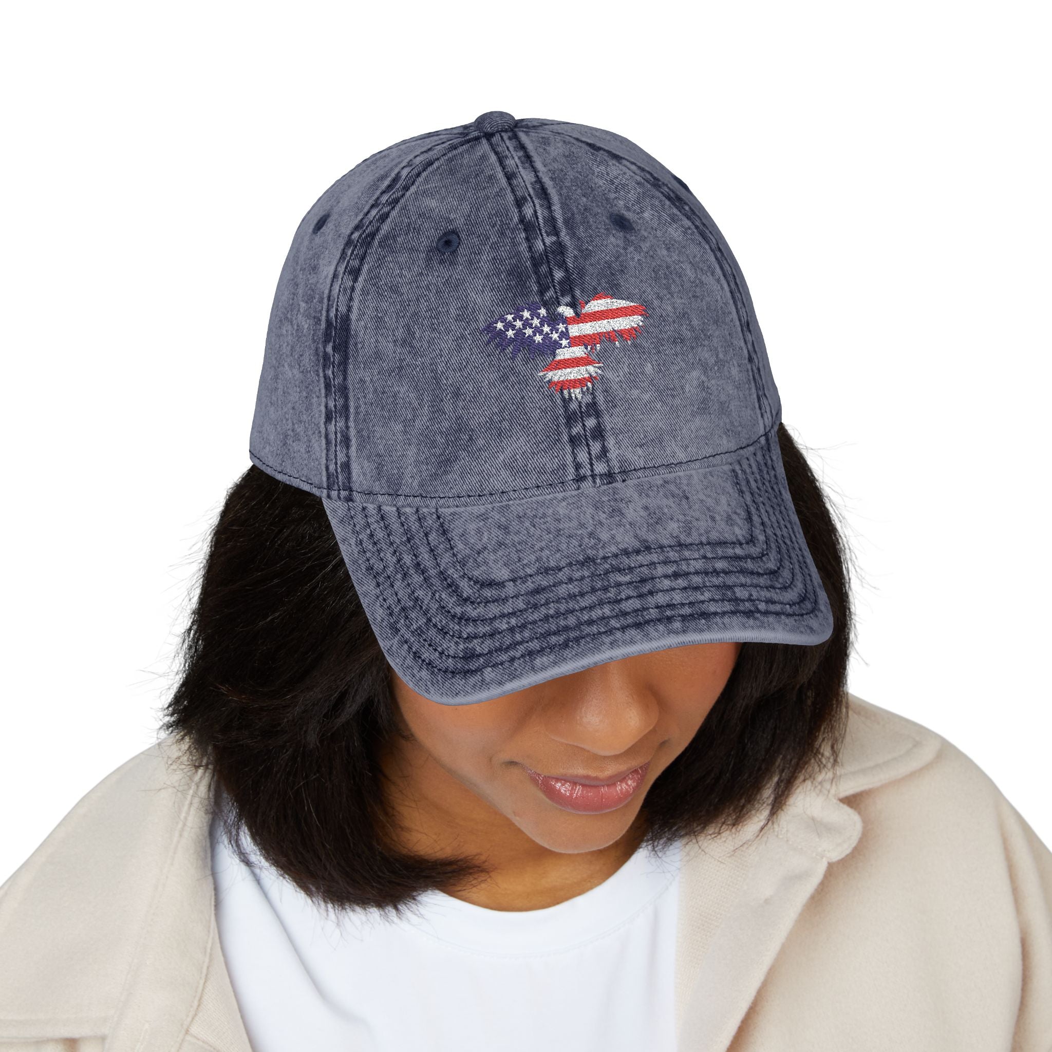 Vintage Washed Cap with American Flag Embroidered Heart