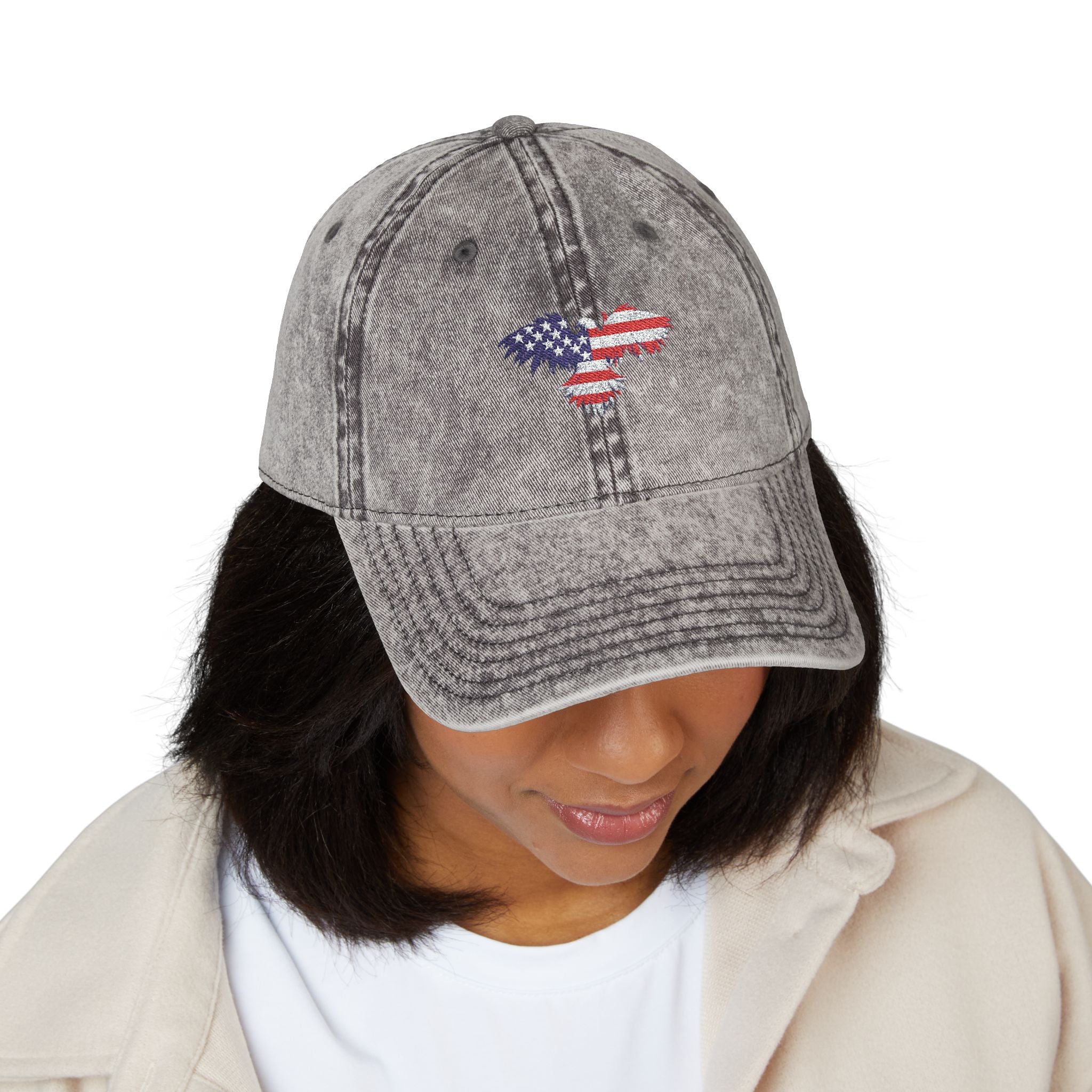 Vintage Washed Cap with American Flag Embroidered Heart