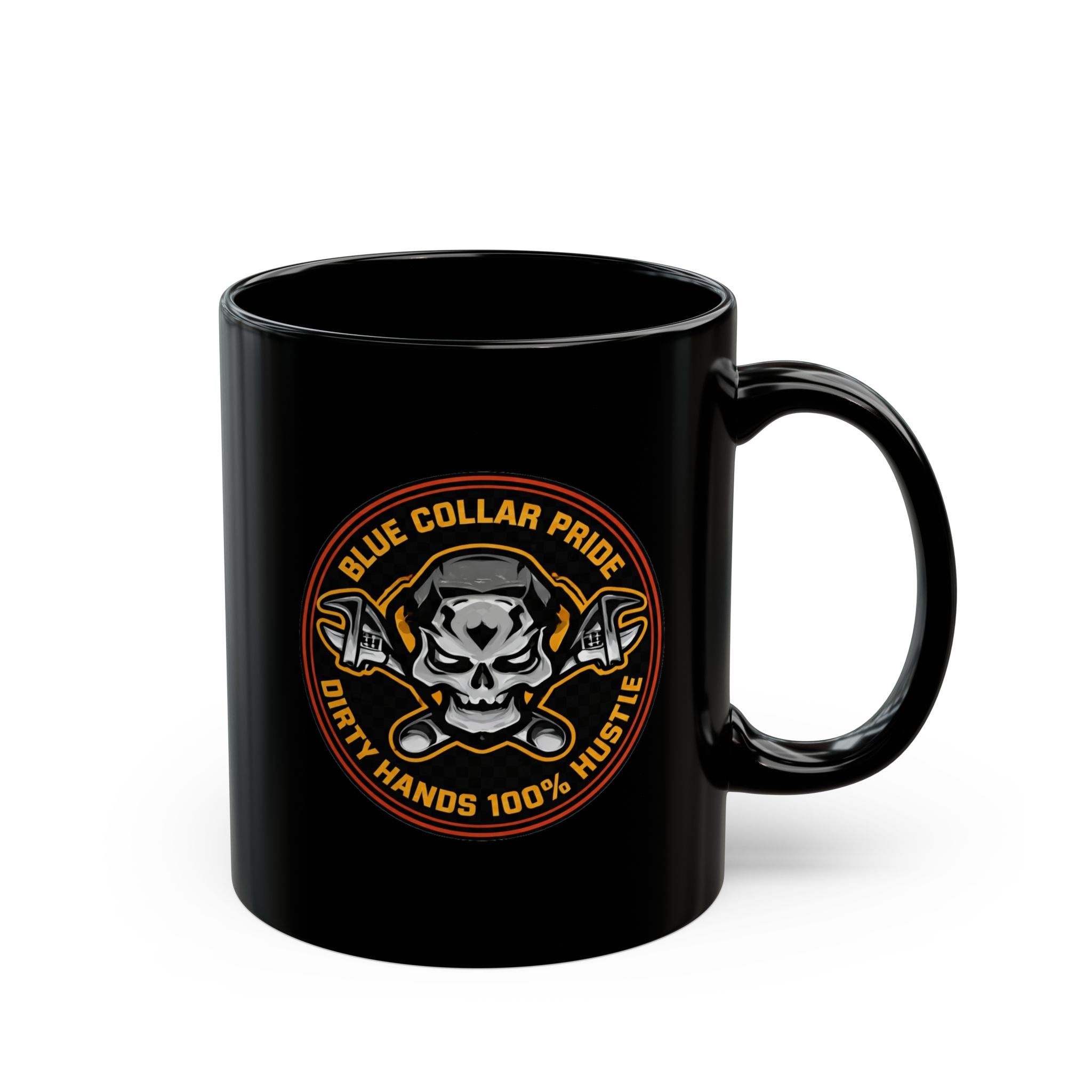 Blue Collar Pride Skull Mug — "Dirty Hands 100% Hustle" Black Coffee Cup (11oz/15oz)