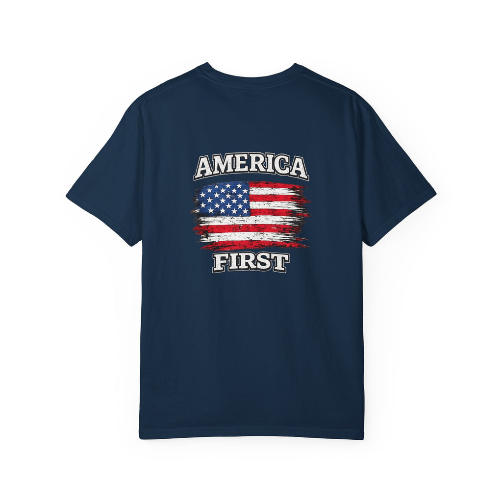 T-Shirt — 'America First' Distressed Flag Graphic