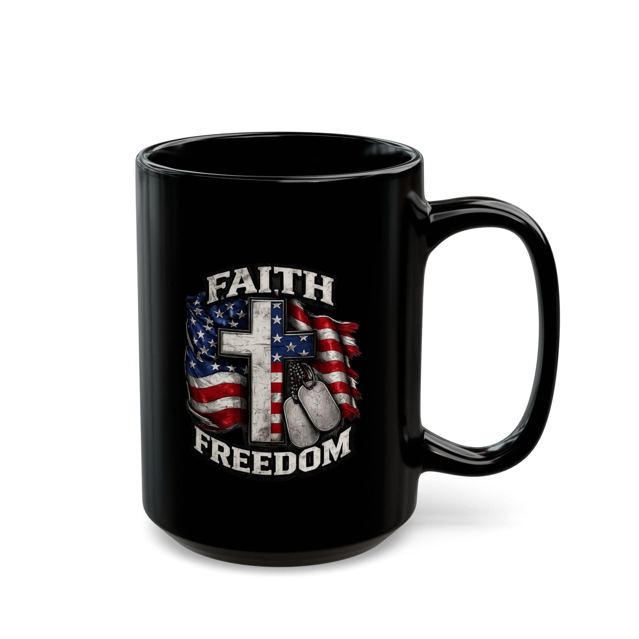 Faith & Freedom Coffee Mug – Patriotic Cross with American Flag (11oz/15oz)