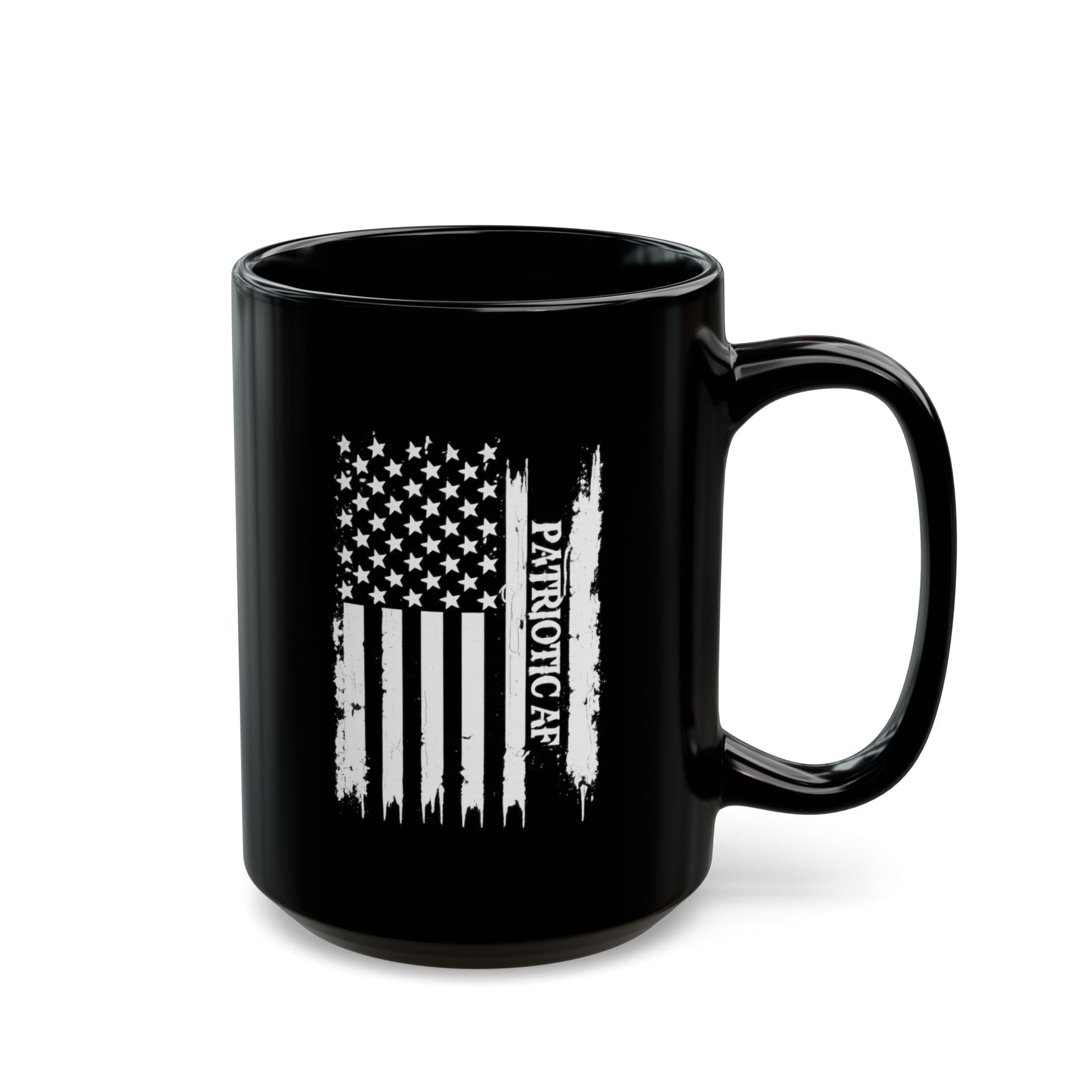 Patriotic Flag Coffee Mug — Distressed American Flag "Patriot Gear" Black Ceramic (11oz, 15oz)