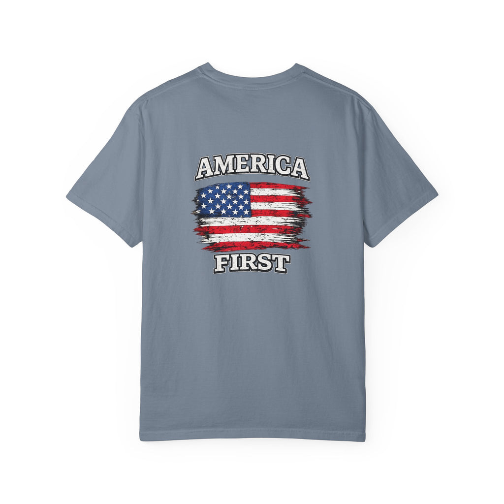 T-Shirt — 'America First' Distressed Flag Graphic