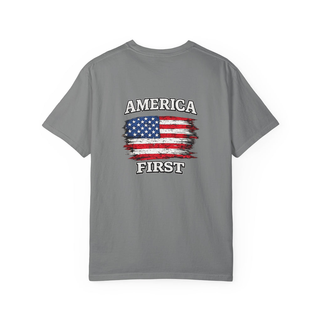 T-Shirt — 'America First' Distressed Flag Graphic